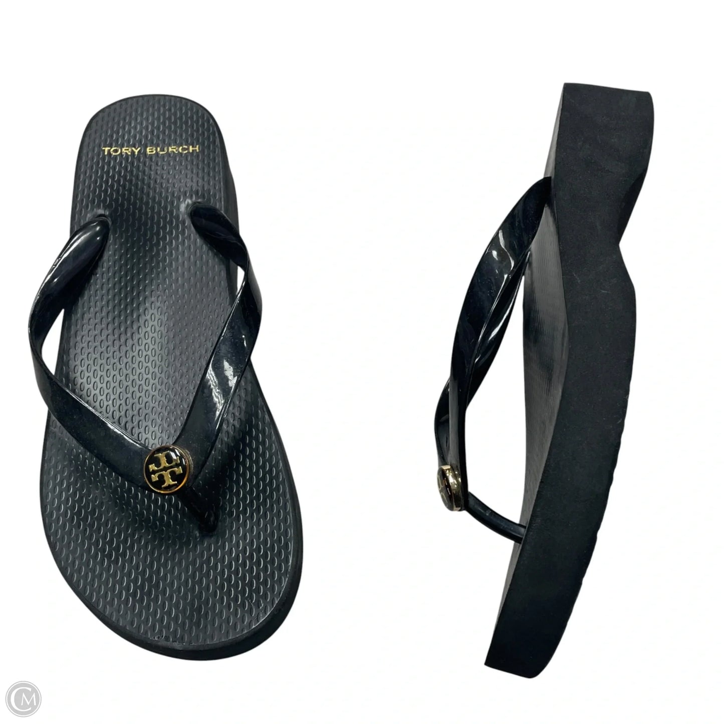 Sandals Designer By Tory Burch In Black & Gold, Size: 8
