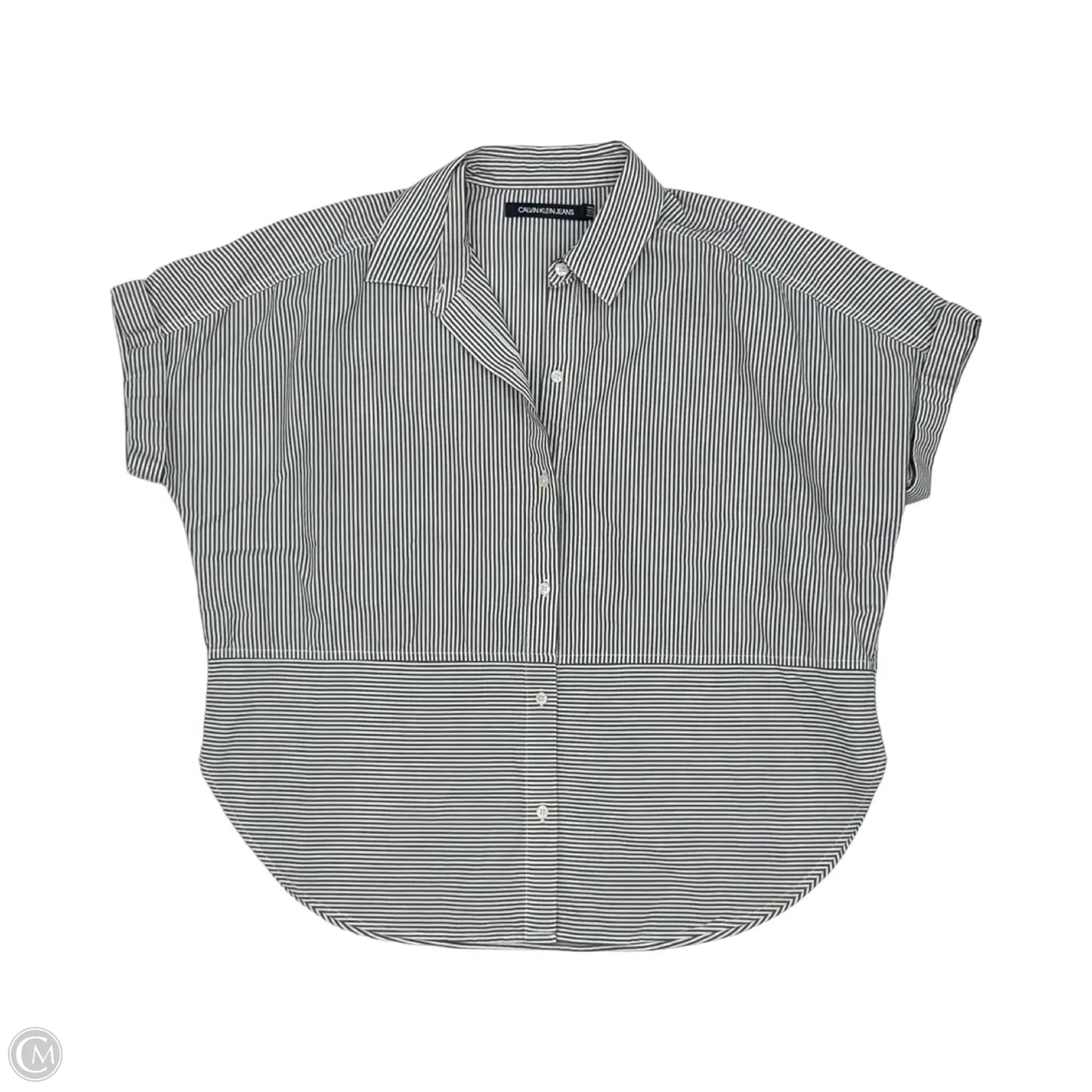 Blouse Short Sleeve By Calvin Klein In Grey & White, Size: S