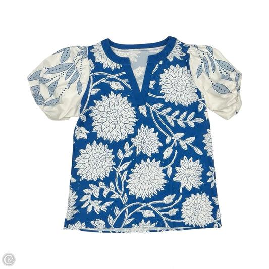 Blouse Short Sleeve By Cmf In Blue & White, Size: L