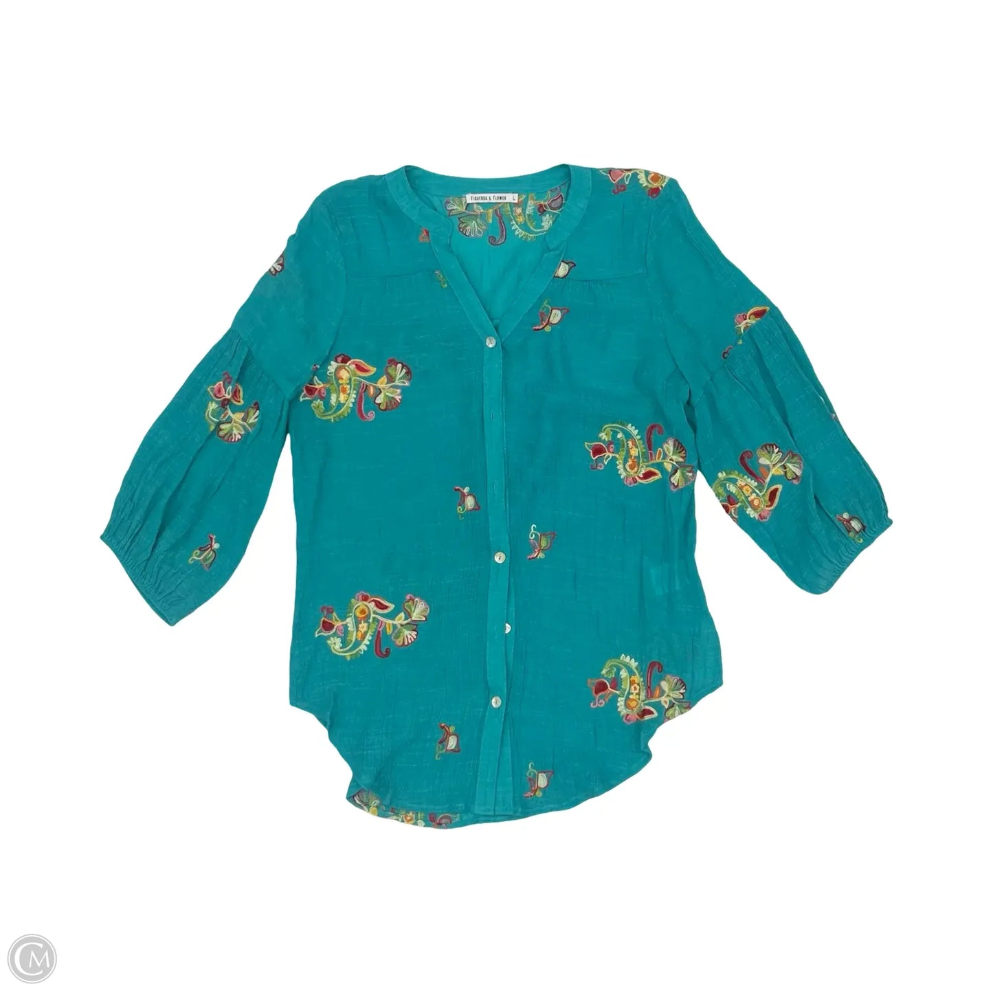 Blouse Long Sleeve By Figuero & Flower In Teal, Size: L