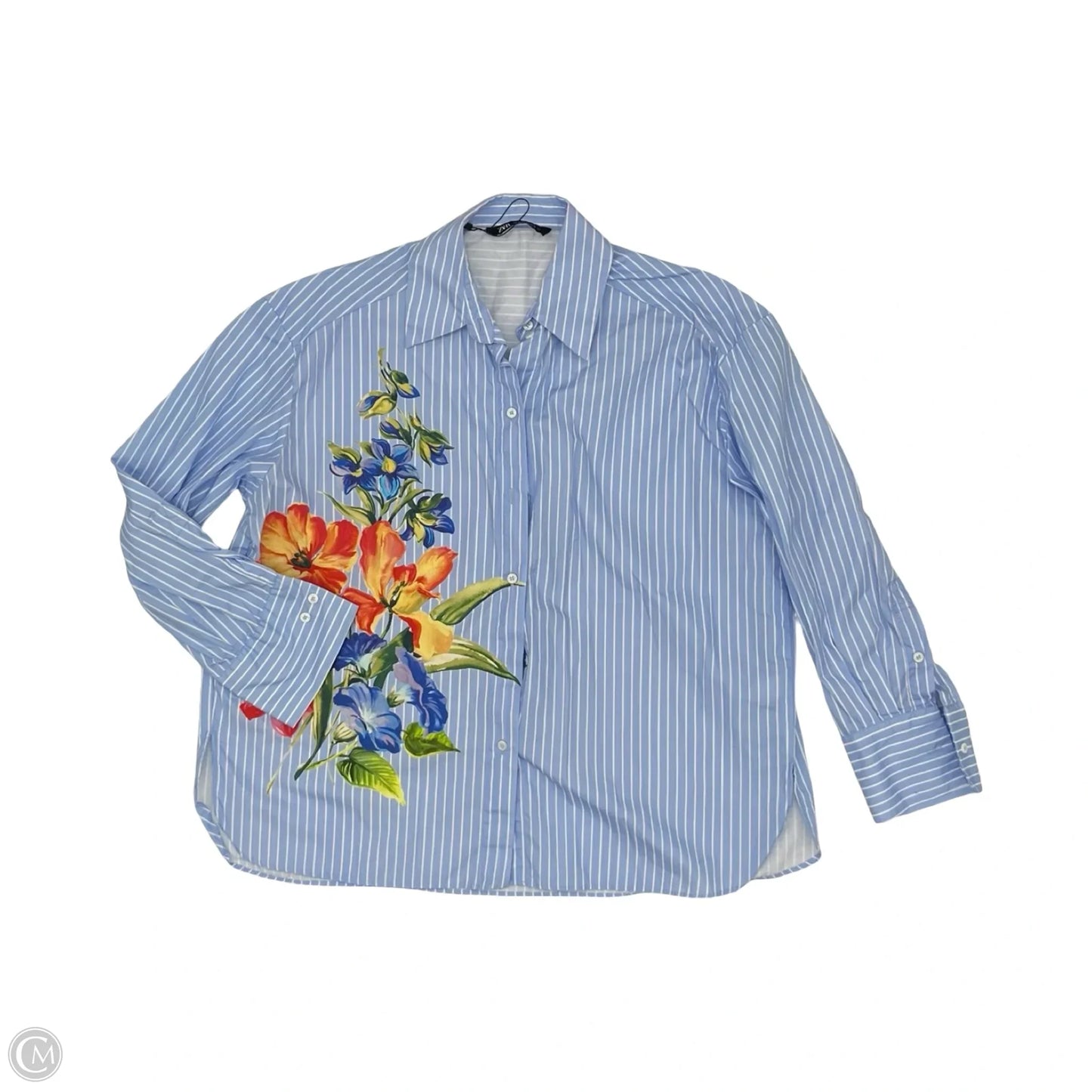 Blouse Long Sleeve By Zara In Blue & White, Size: M