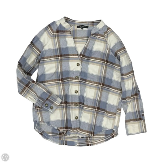 Jacket Shirt By Blu Pepper In Blue & Cream, Size: L