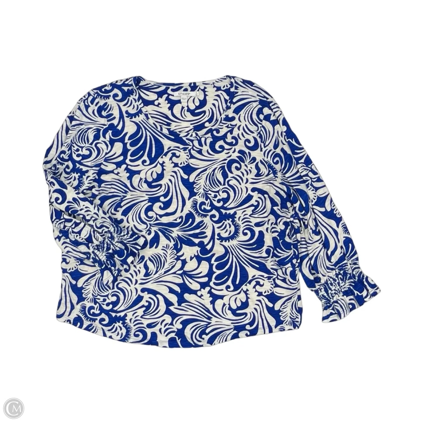 Top 3/4 Sleeve By Chicos In Blue & White, Size: Xl