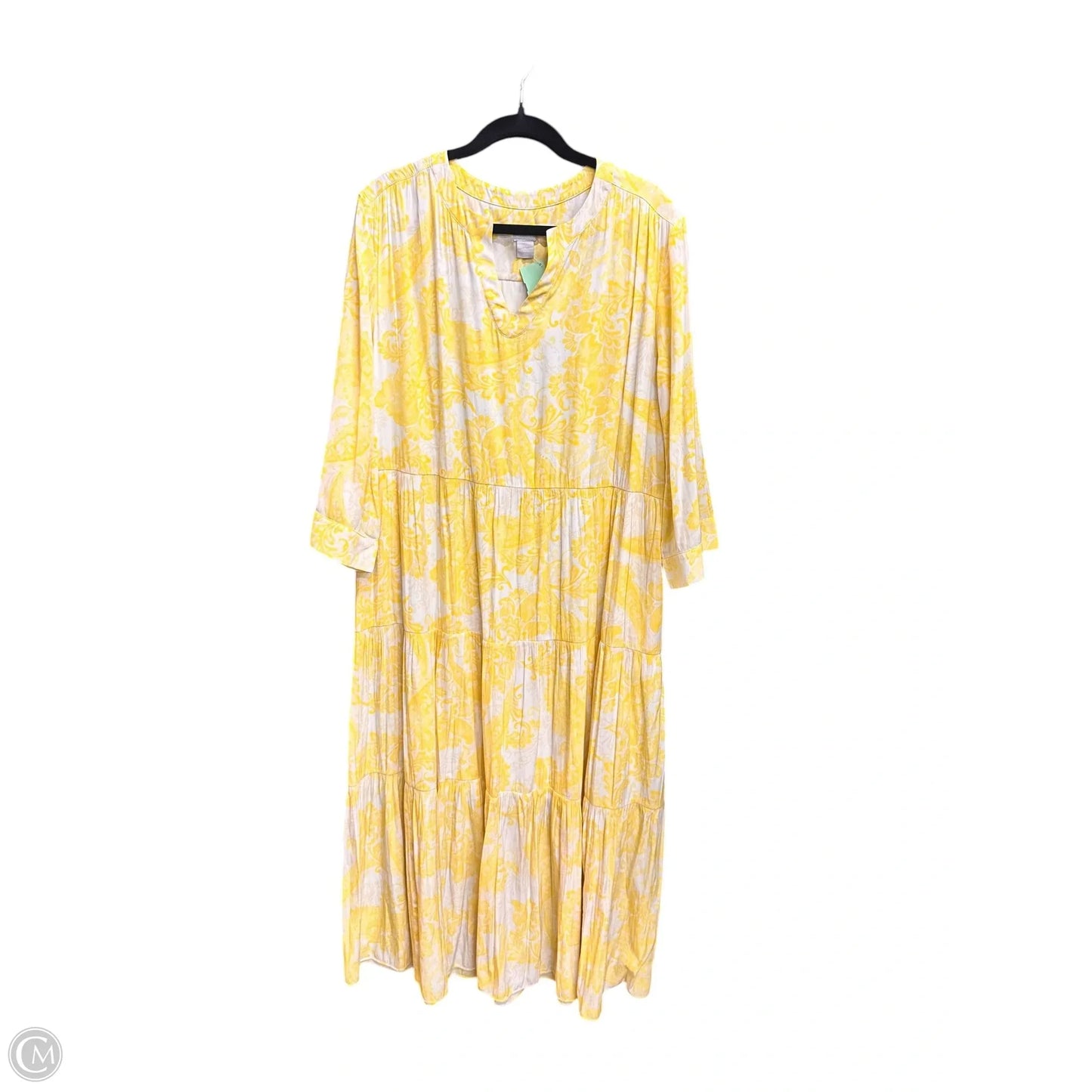 Dress Casual Maxi By Chicos In White & Yellow, Size: 3x