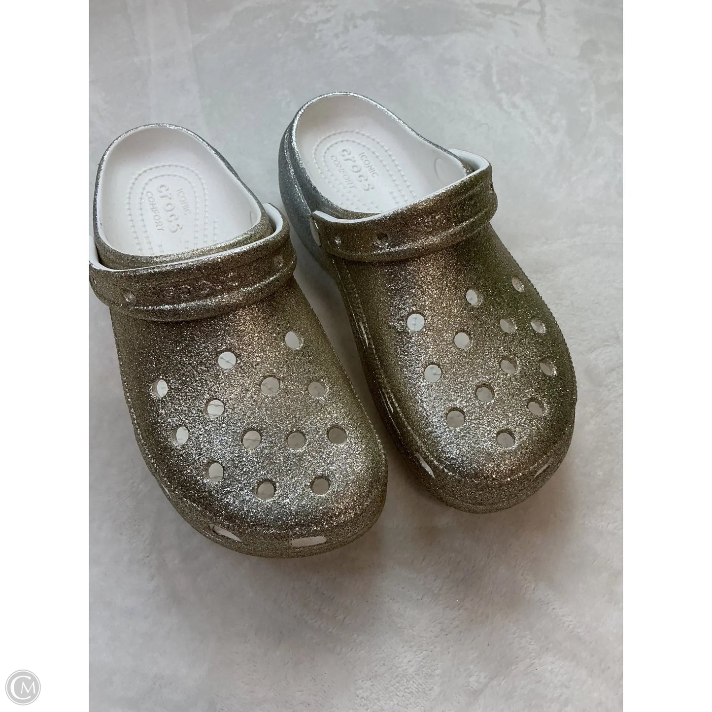 Shoes Heels Platform By Crocs In Gold & Silver, Size: 9