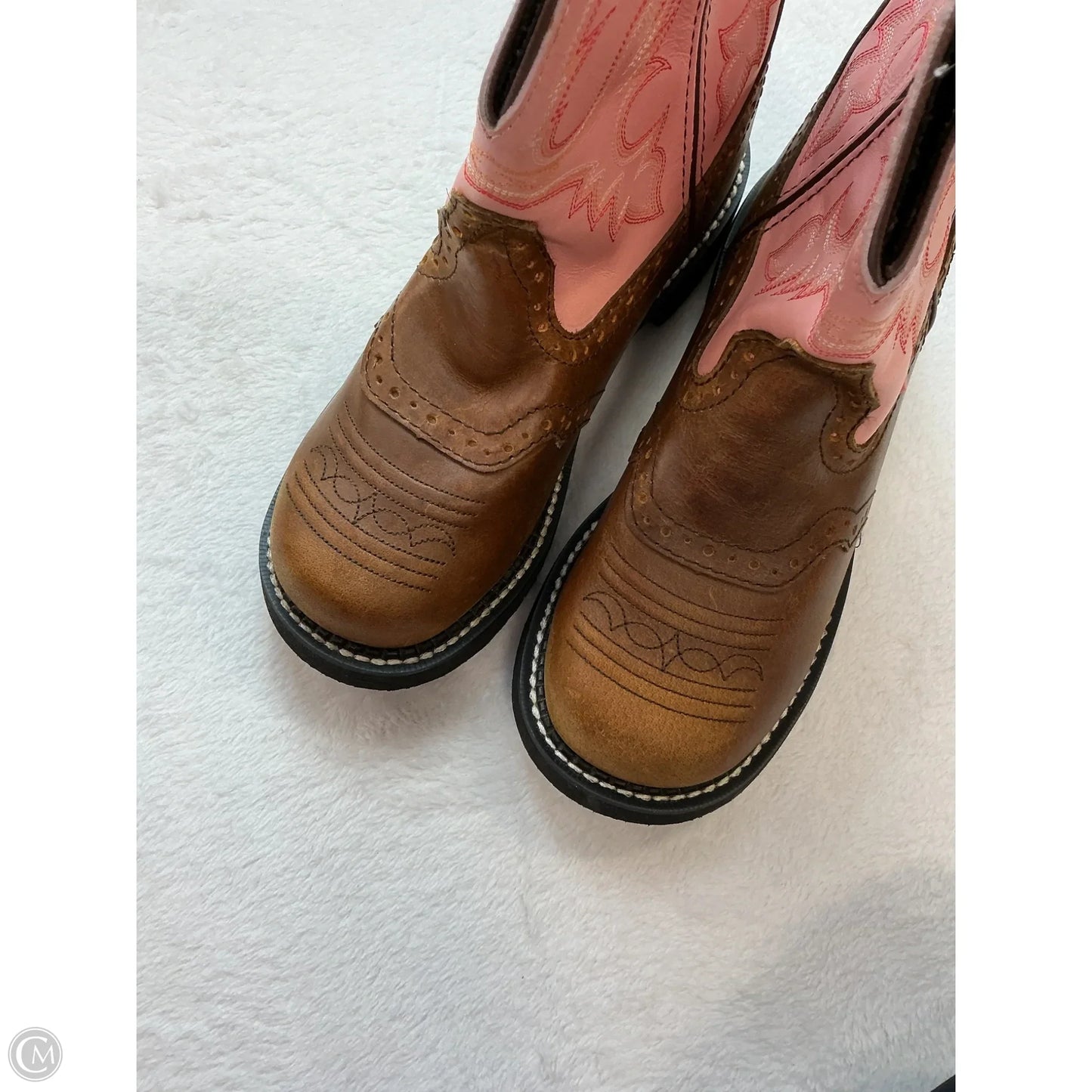 Boots Ankle Flats By Justin In Brown & Pink, Size: 6.5