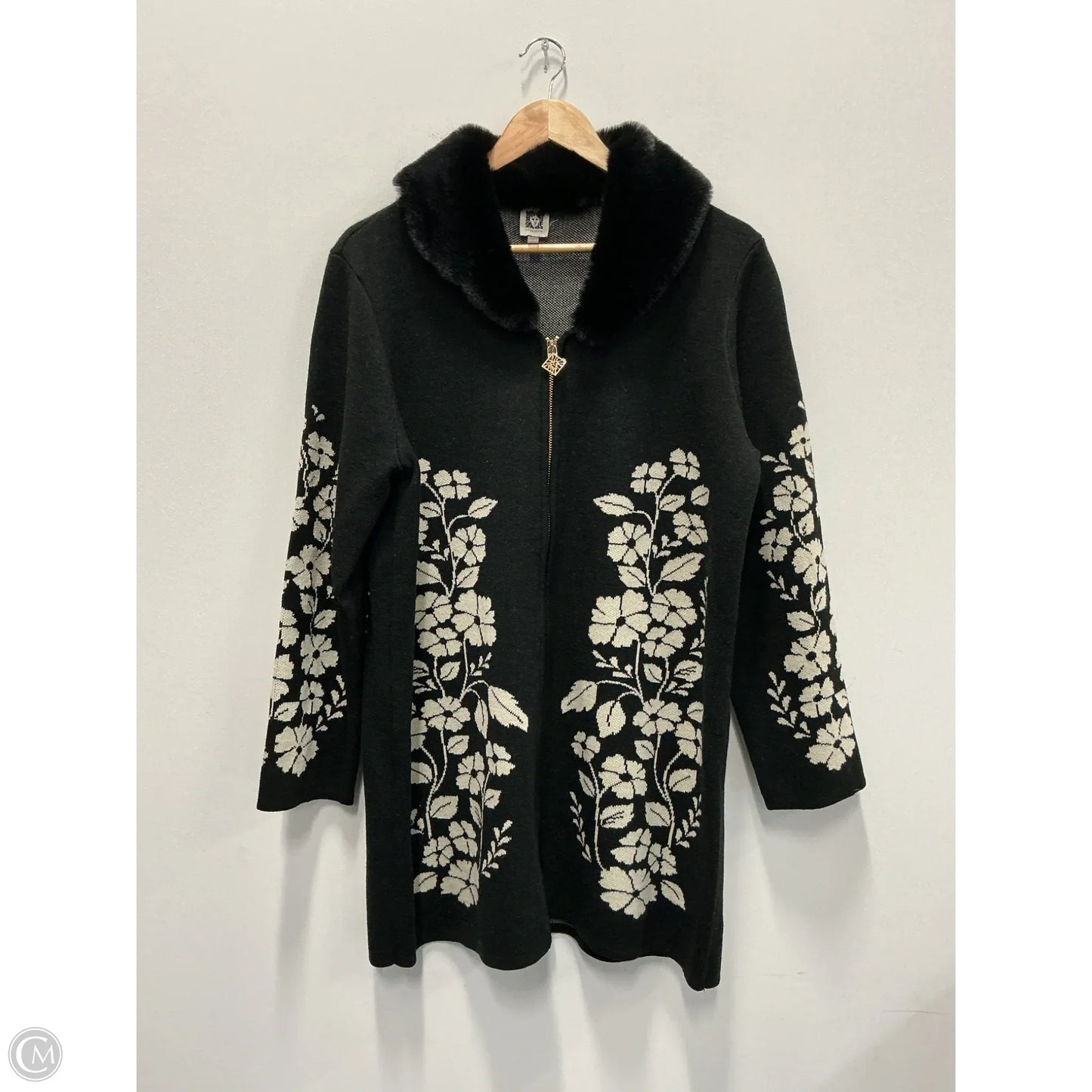 Sweater Cardigan By Anne Klein In Black & Cream, Size: L