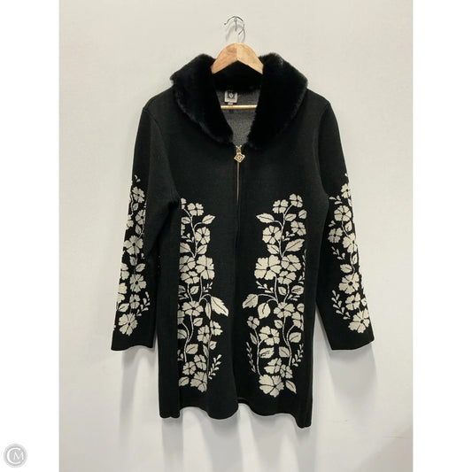 Sweater Cardigan By Anne Klein In Black & Cream, Size: L