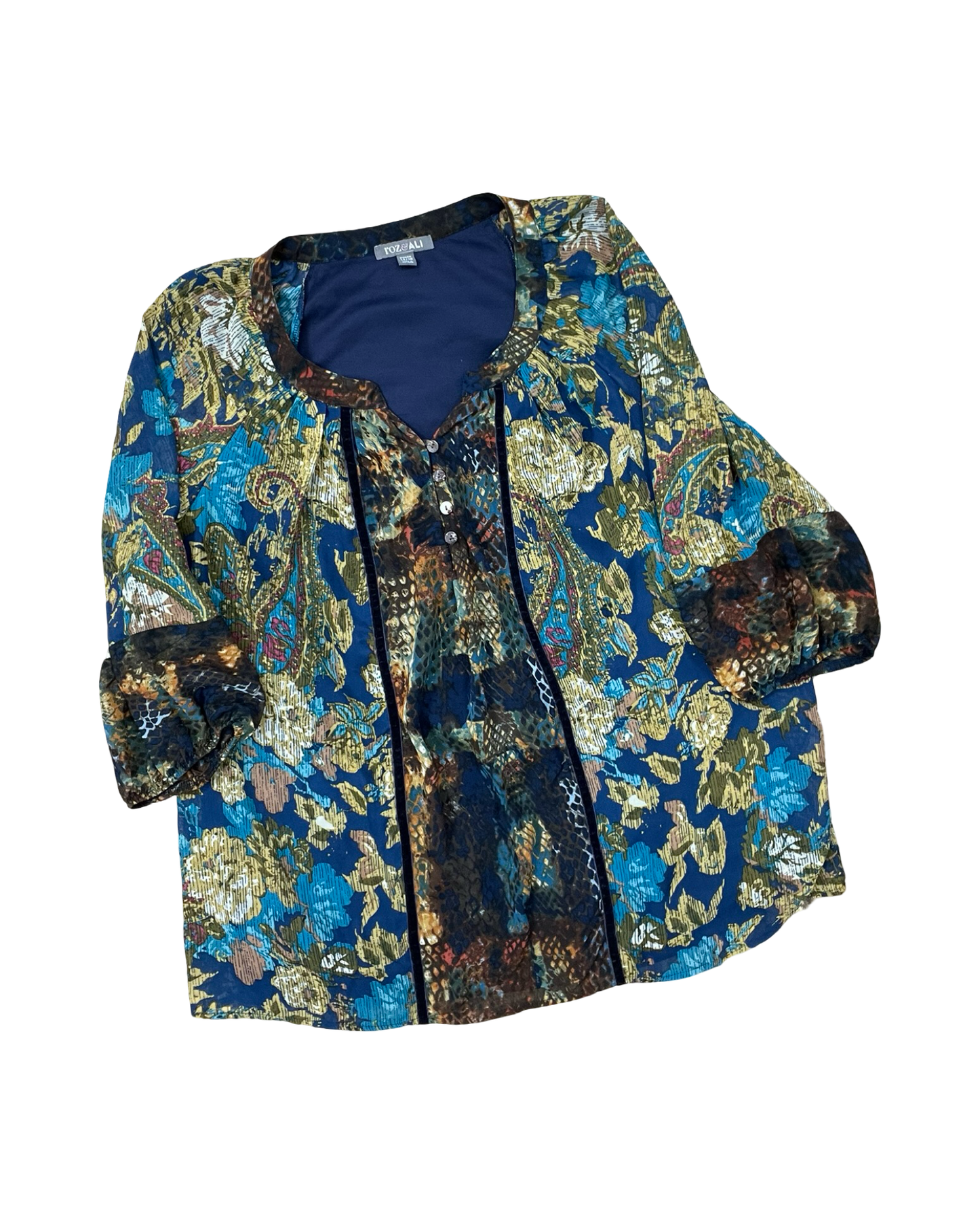 Top 3/4 Sleeve By Roz And Ali In Blue & Green, Size:L
