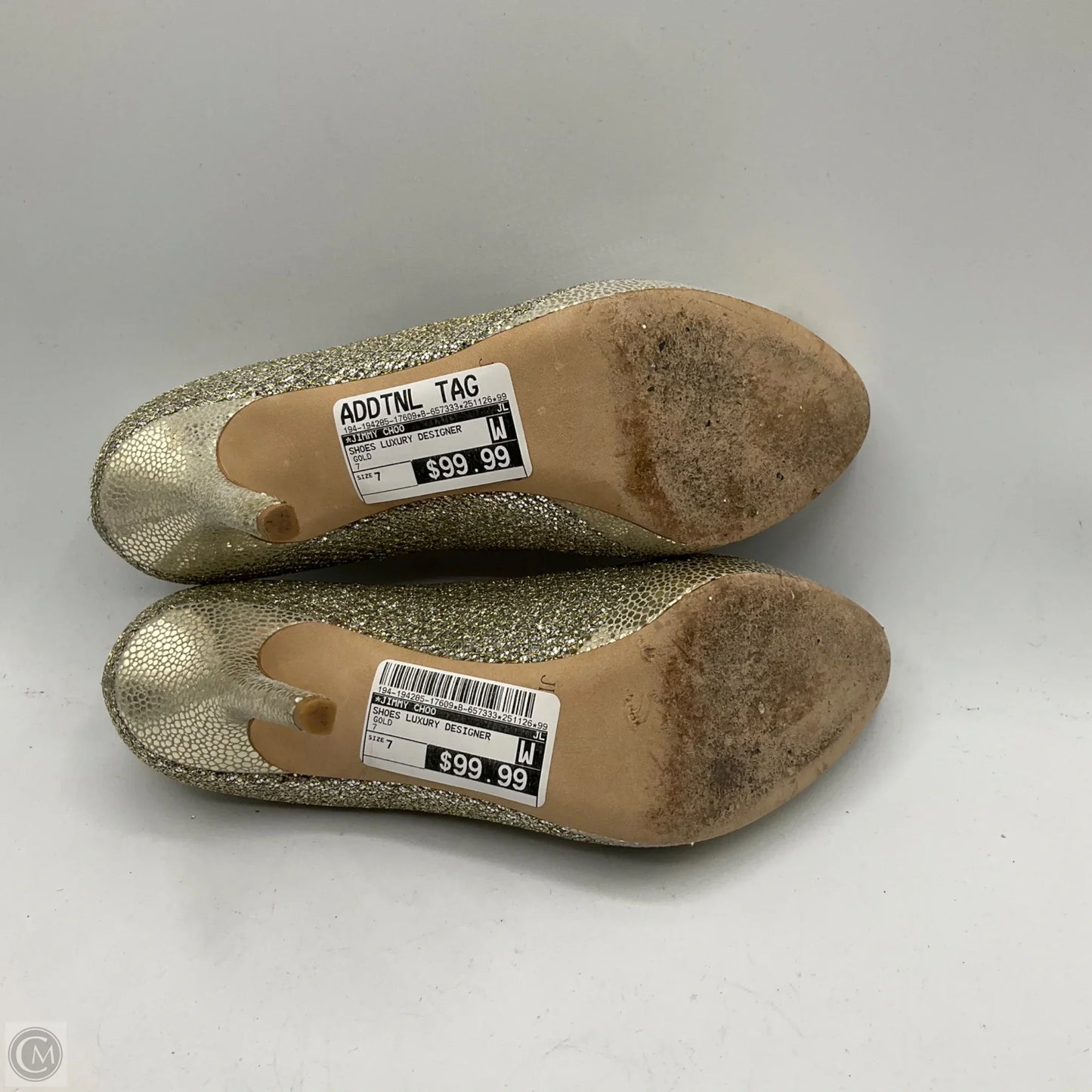 Shoes Luxury Designer By Jimmy Choo In Gold, Size: 7