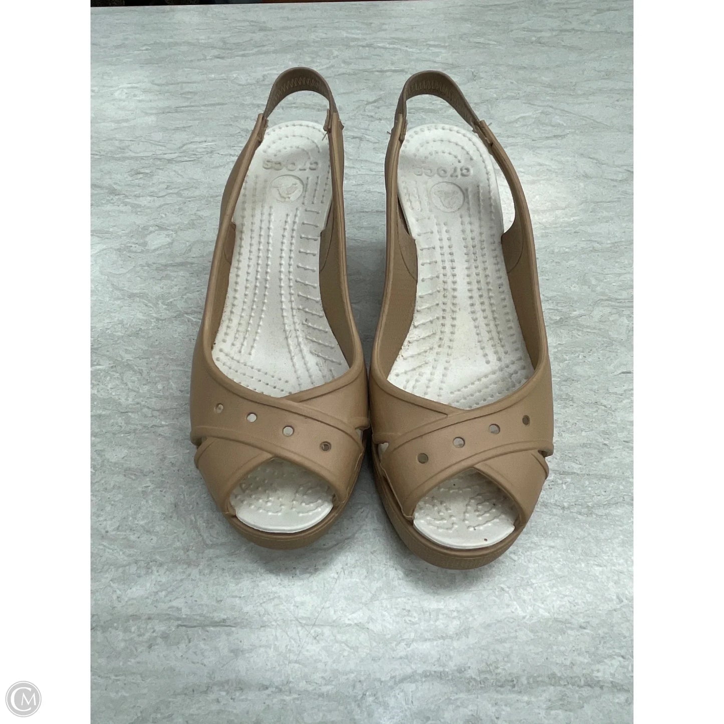 Sandals Heels Wedge By Crocs In Tan, Size: 6