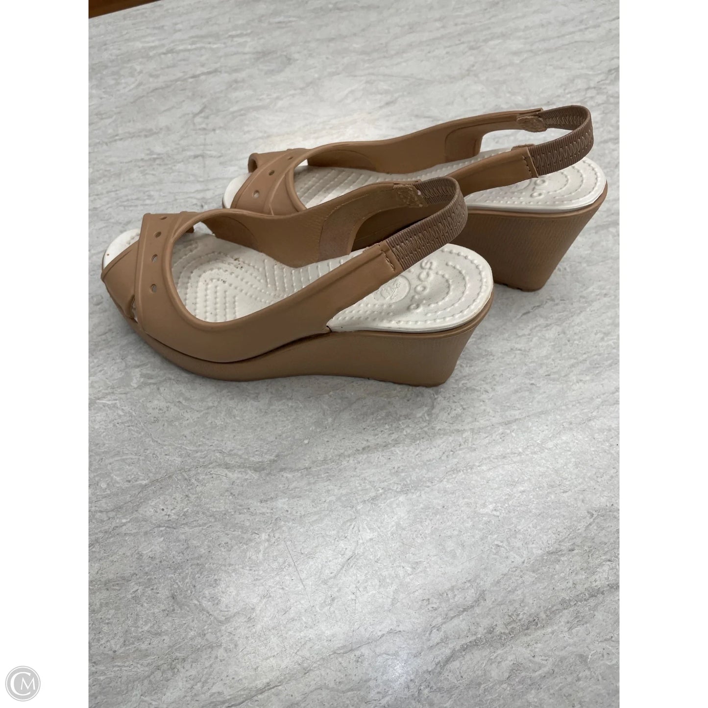 Sandals Heels Wedge By Crocs In Tan, Size: 6