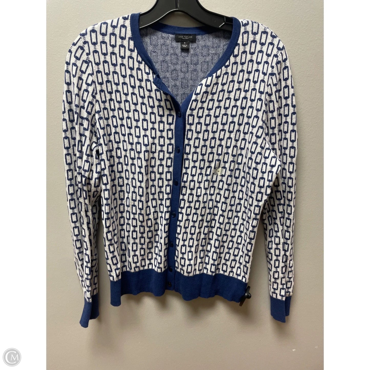 Sweater Cardigan By Ann Taylor In Blue & White, Size: M