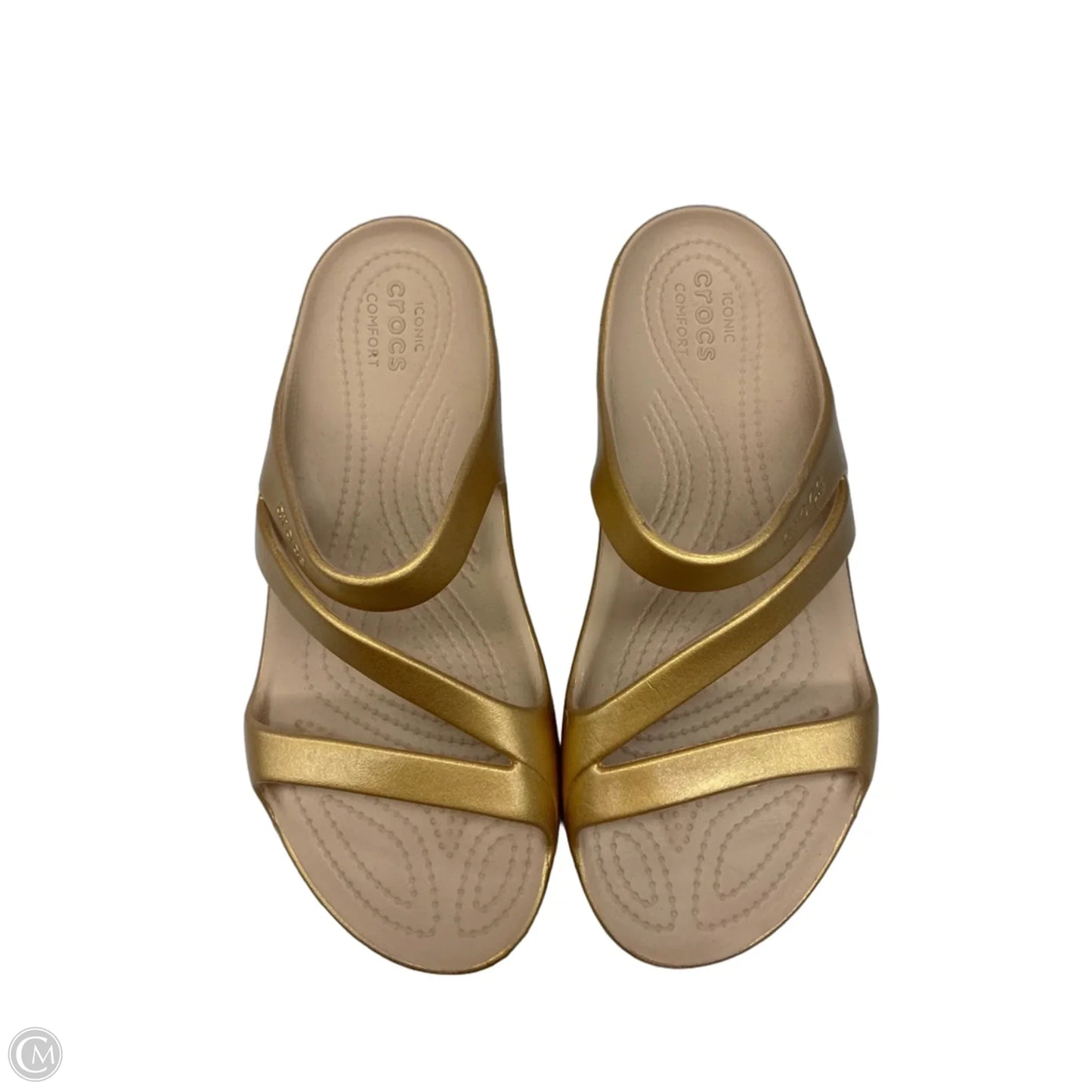 Sandals Flats By Crocs In Gold & Tan, Size: 8