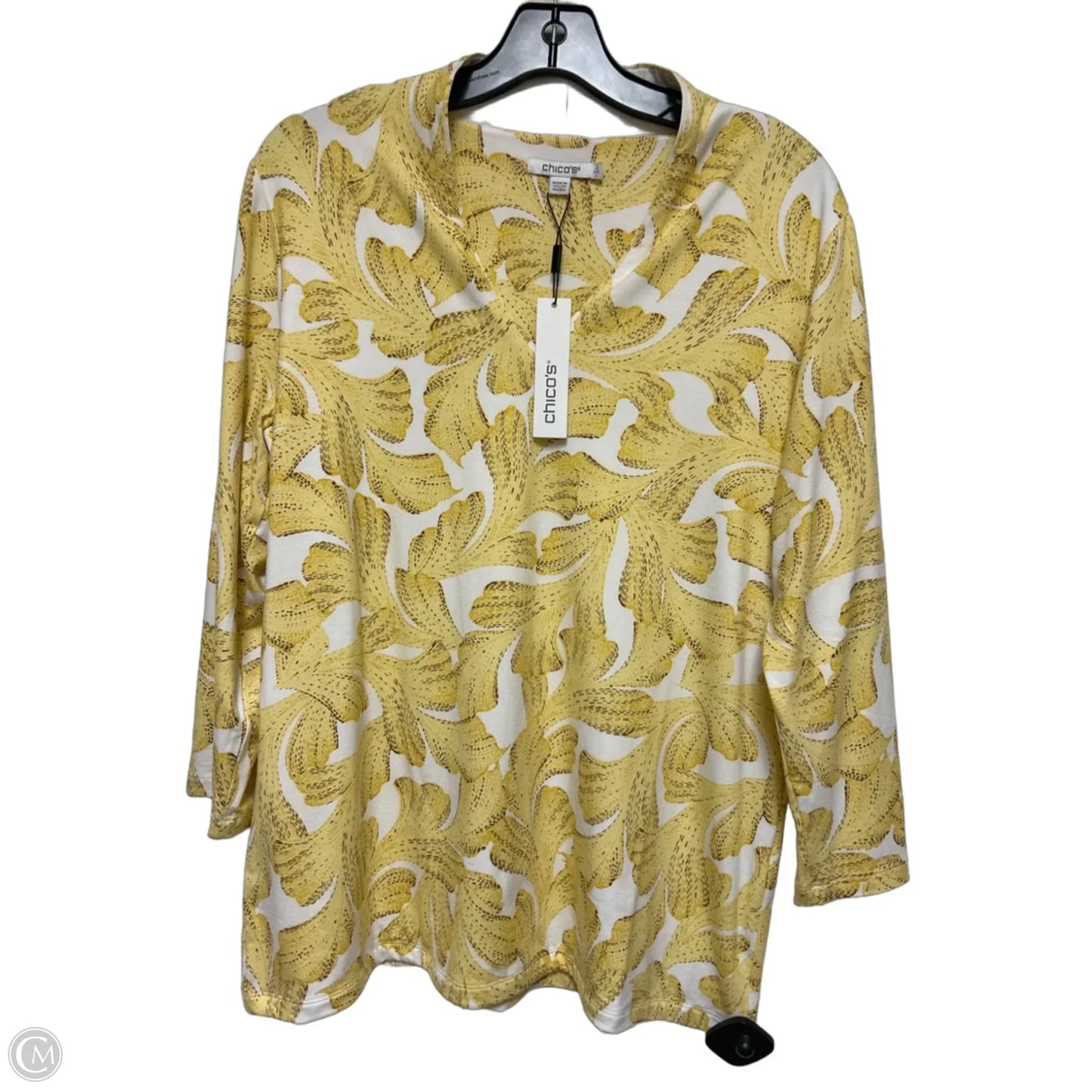 Top Long Sleeve By Chicos In White & Yellow, Size: L