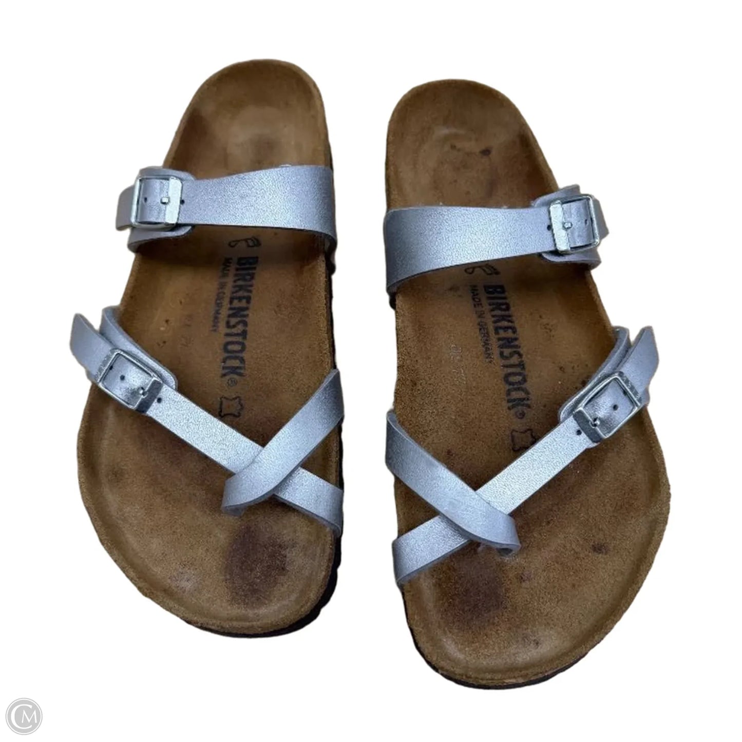 Sandals Flats By Birkenstock In Silver, Size: 9
