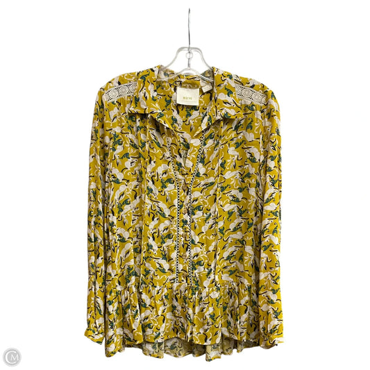 Blouse Long Sleeve By Maeve In White & Yellow, Size: 4