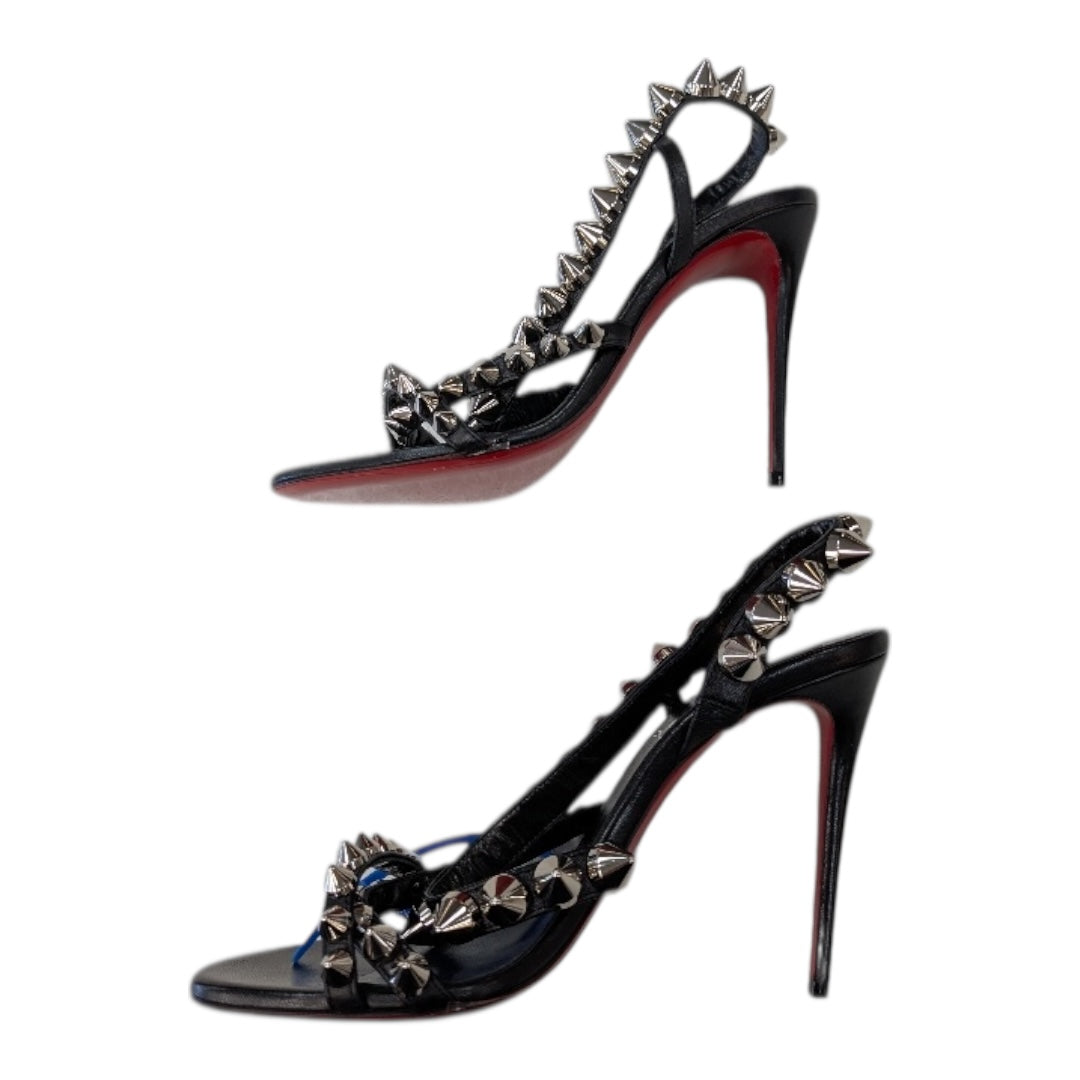 Sandals Luxury Designer By Christian Louboutin In Black & Silver, Size:7