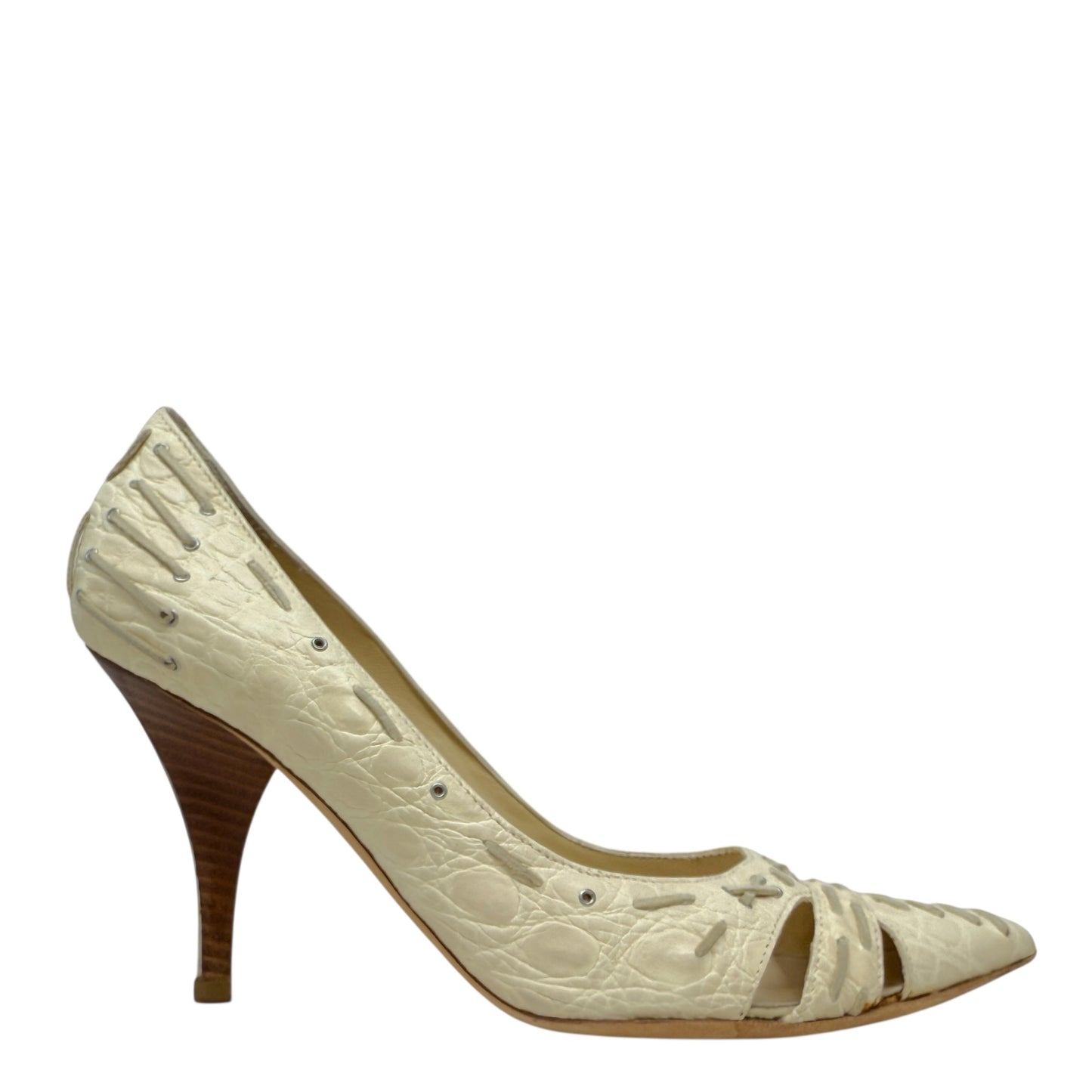 Vintage Vicini Croc Embossed Lace Detail Cutout Stiletto Pumps Designer By Giuseppe Zanotti In Cream, Size: 7
