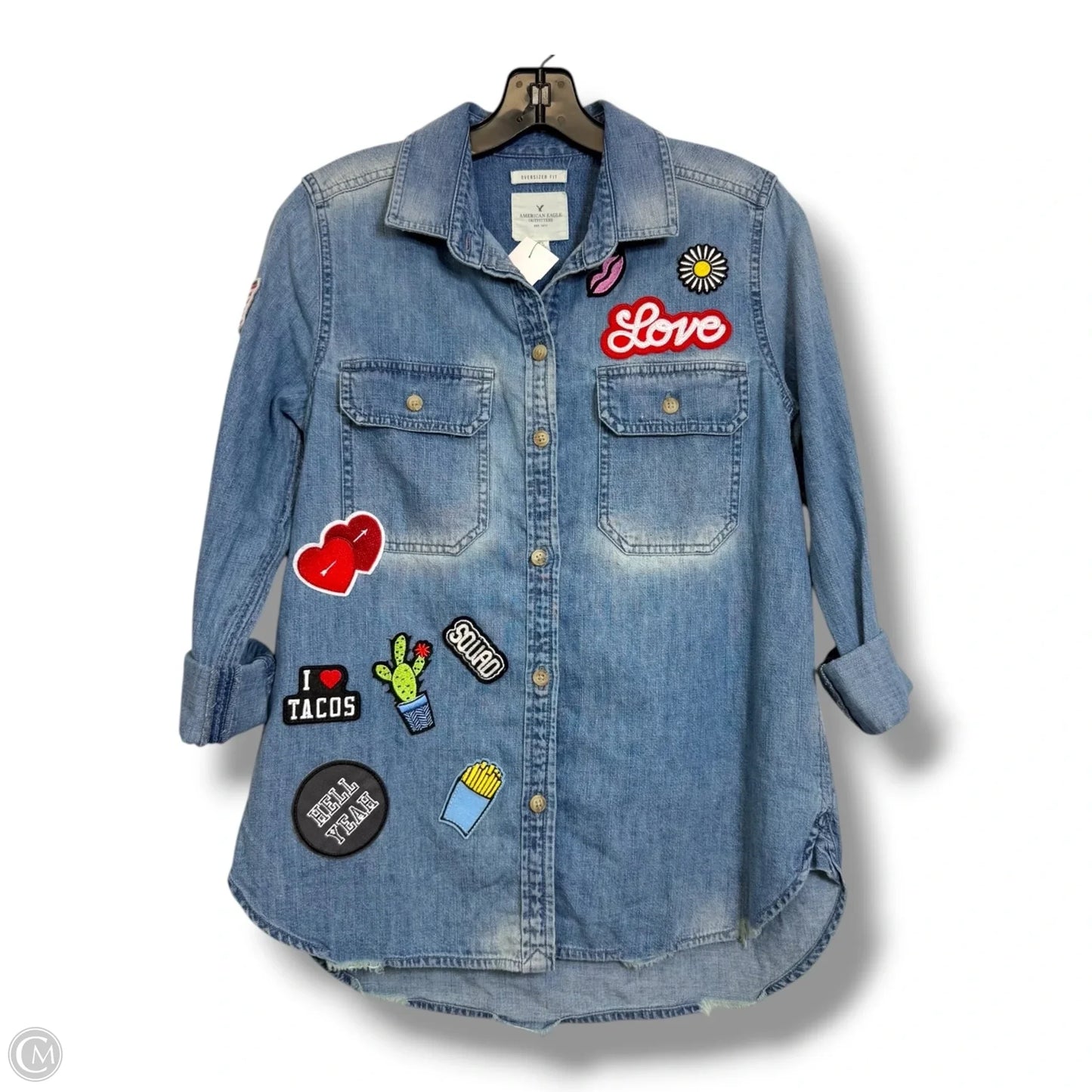 Oversized fit Top Long Sleeve By American Eagle In Blue Denim, Size: Xs