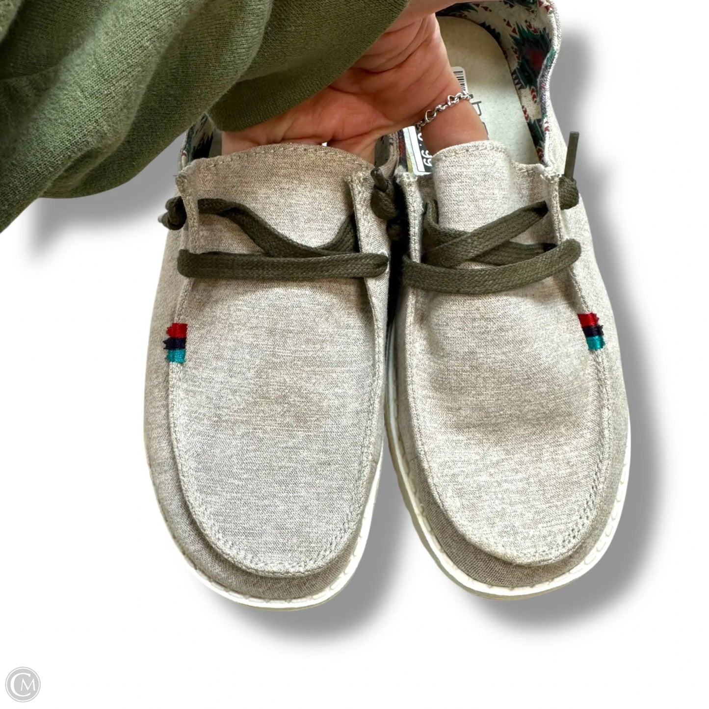 Shoes Flats By Hey Dude In Grey & Tan, Size: 7