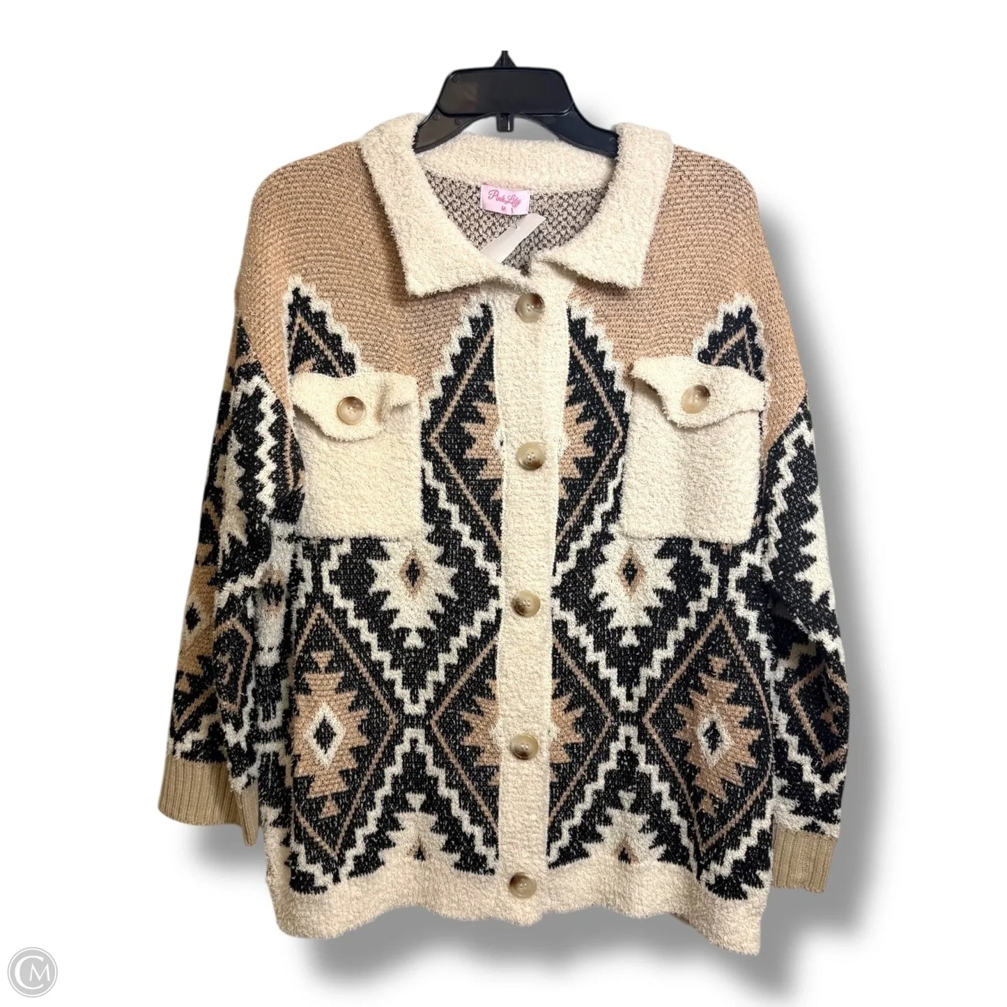 Sweater Cardigan By Pink Lily In Black & Cream, Size: M