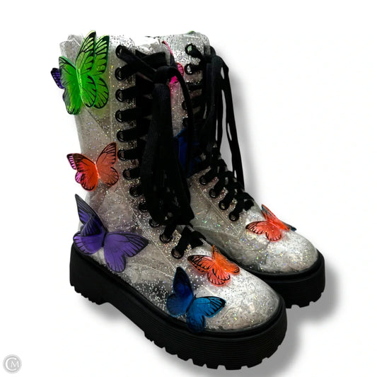 3D Butterfly Clear Glitter Combat Boots Ankle Flats By Club Exx In Clear, Size: 6 Dolls Kill