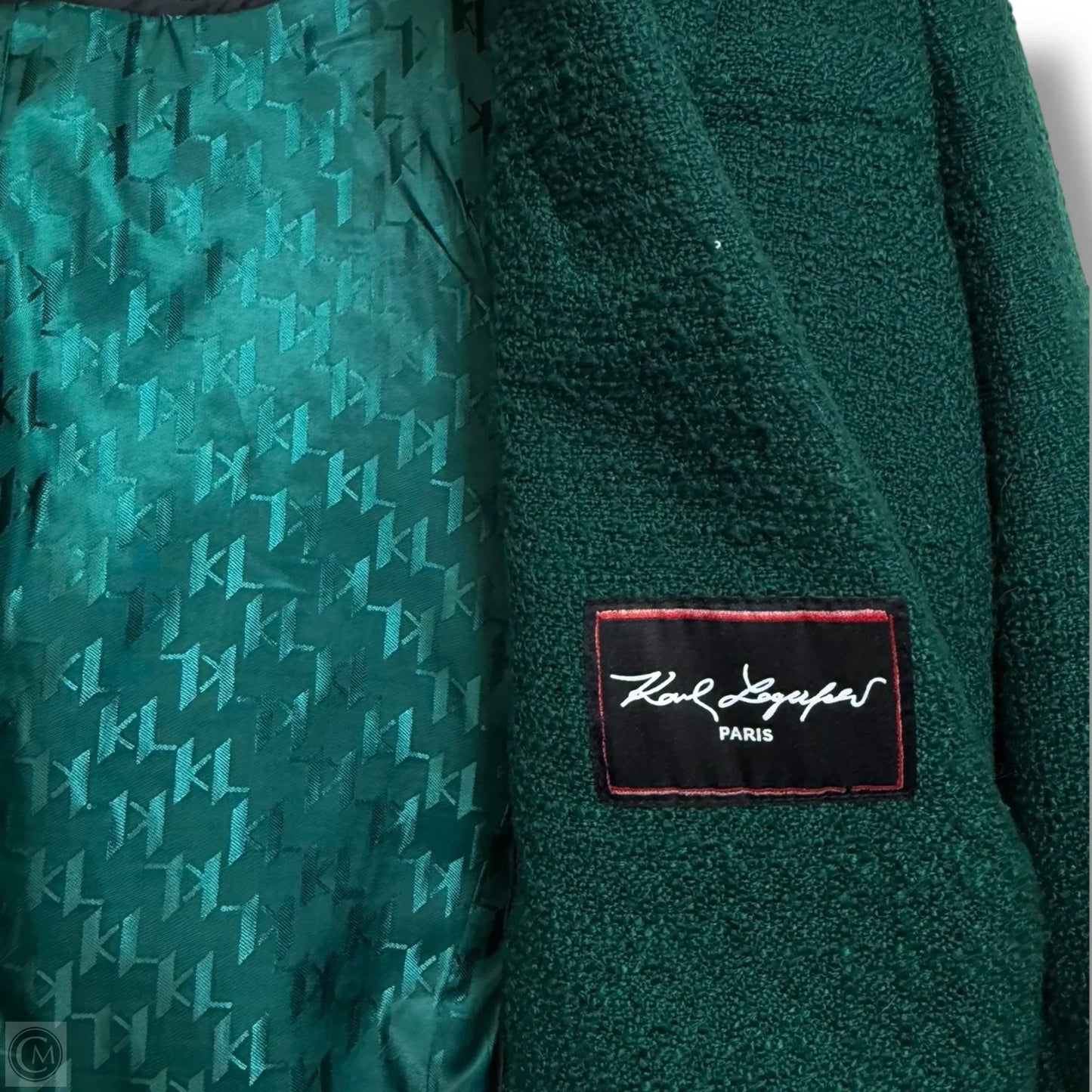 Tweed Double Breasted Blazer Designer By Karl Lagerfeld In Green, Size: 16