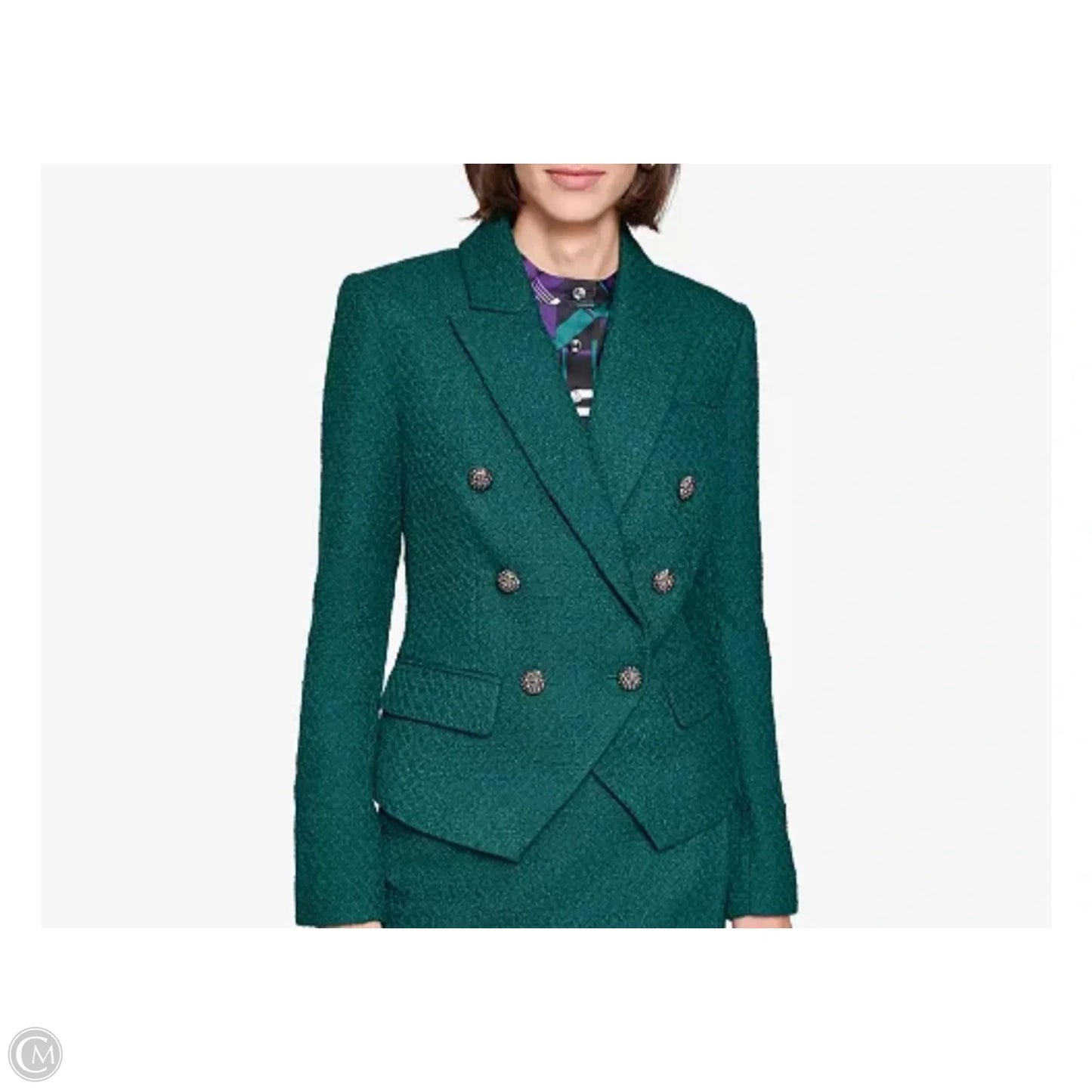 Tweed Double Breasted Blazer Designer By Karl Lagerfeld In Green, Size: 16