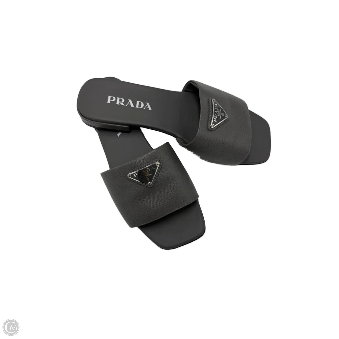 Prada Saffiano Logo Luxury Designer Slides, Size: 8