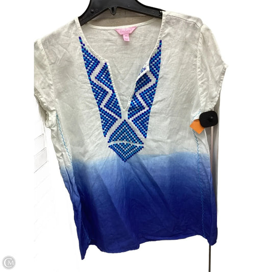 Top Short Sleeve Designer By Lilly Pulitzer In Blue & White, Size: M