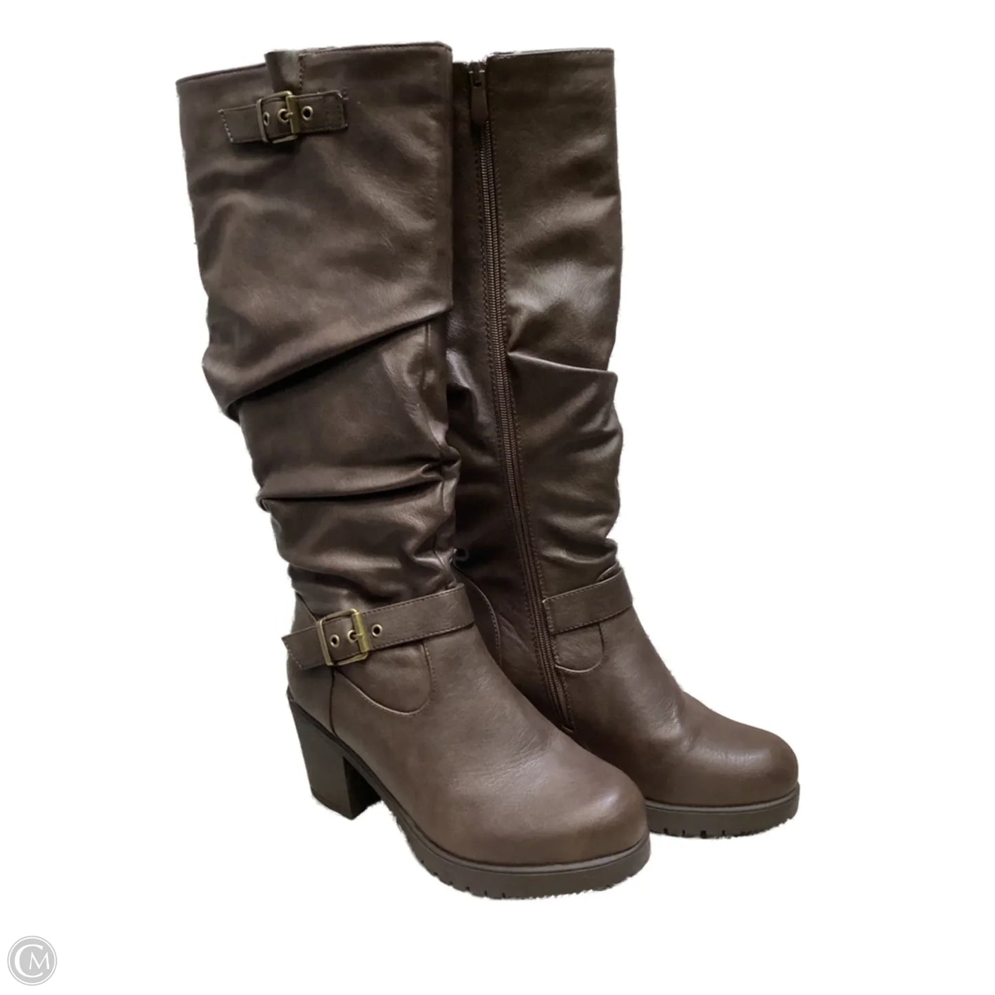 Boots Knee Heels By Clothes Mentor In Brown, Size: 8.5