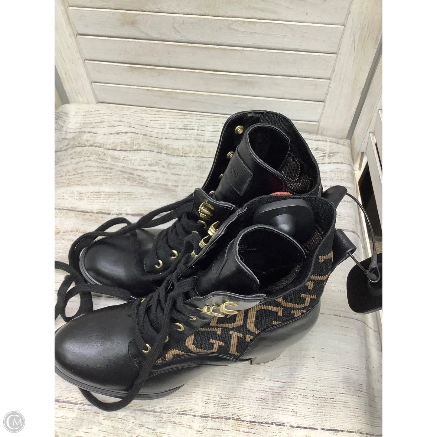 Boots Ankle Heels By Guess In Black & Brown, Size: 8.5
