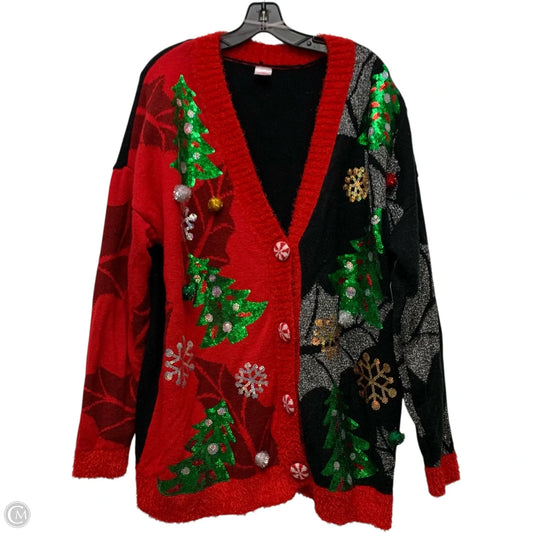 Sweater Cardigan By Holiday Time In Black & Red, Size: 2x