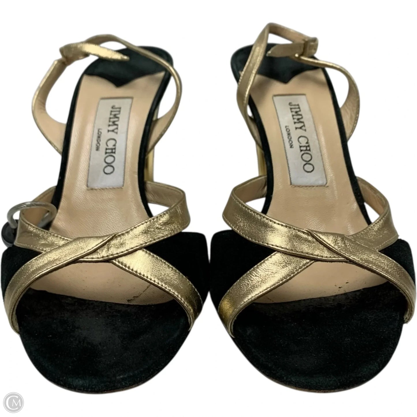 Sandals Luxury Designer By Jimmy Choo In Black & Gold, Size: 6.5
