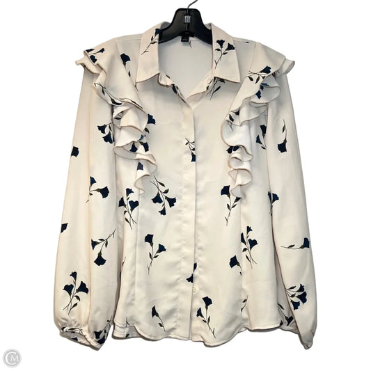 Blouse Long Sleeve By Ann Taylor In Blue & Cream, Size: S