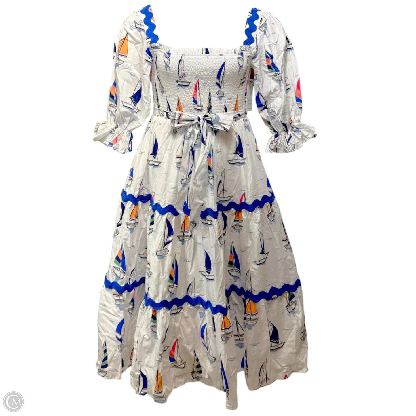 Smocked Puff Sleeve Belted Midi Dress By Palms Away In Nautical Print, Size: Lp