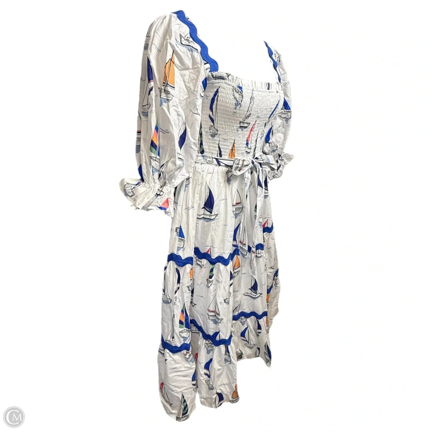 Smocked Puff Sleeve Belted Midi Dress By Palms Away In Nautical Print, Size: Lp