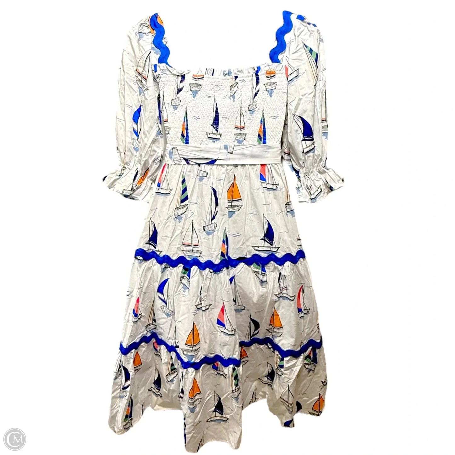 Smocked Puff Sleeve Belted Midi Dress By Palms Away In Nautical Print, Size: Lp