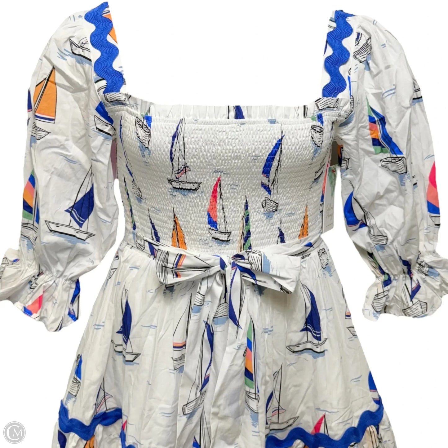 Smocked Puff Sleeve Belted Midi Dress By Palms Away In Nautical Print, Size: Lp