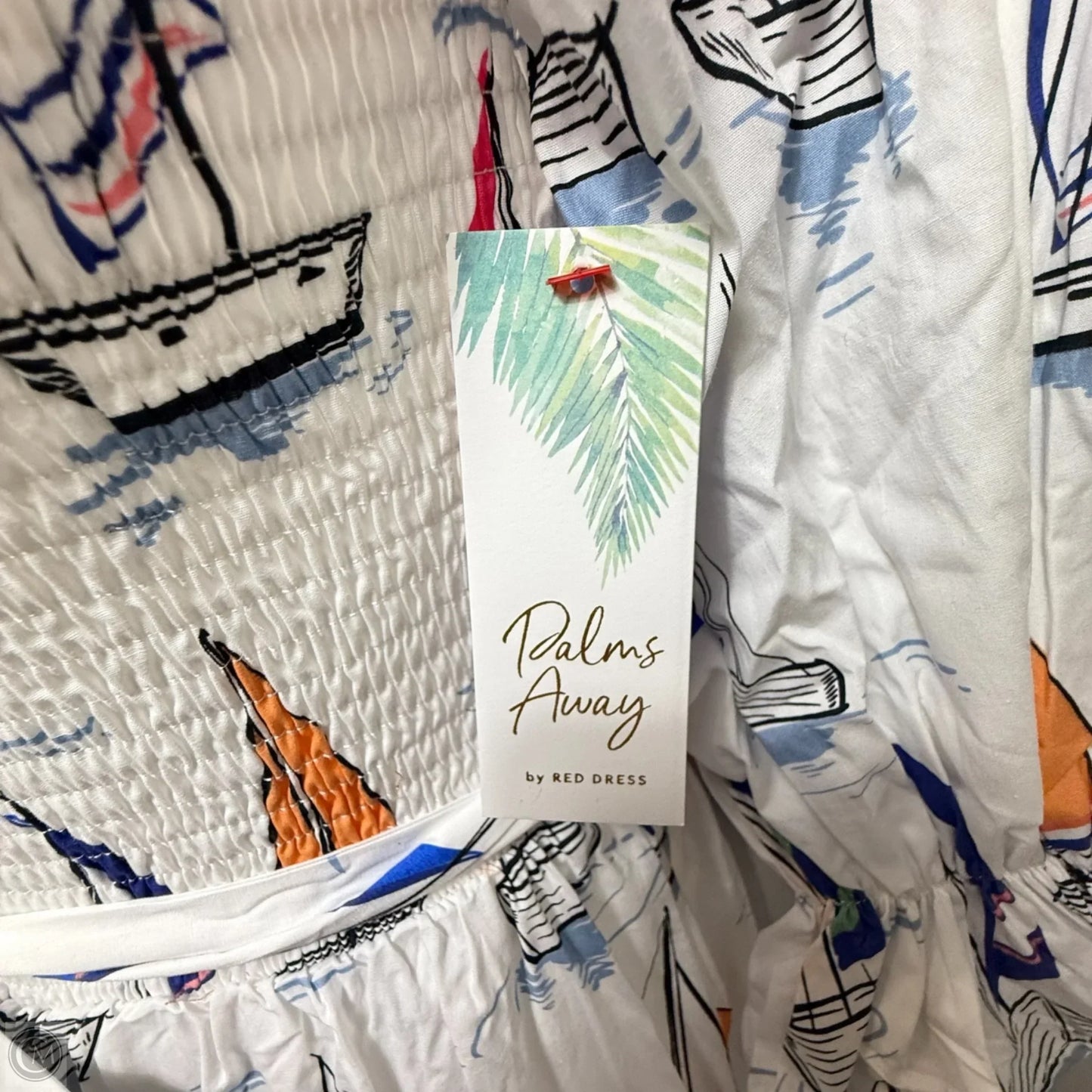 Smocked Puff Sleeve Belted Midi Dress By Palms Away In Nautical Print, Size: Lp