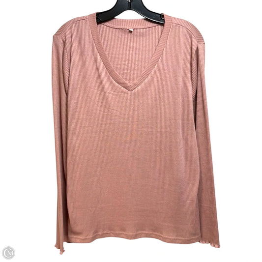 V Neck Ribbed Long Sleeve Top By Top Moda In Pink, Size: Xxl