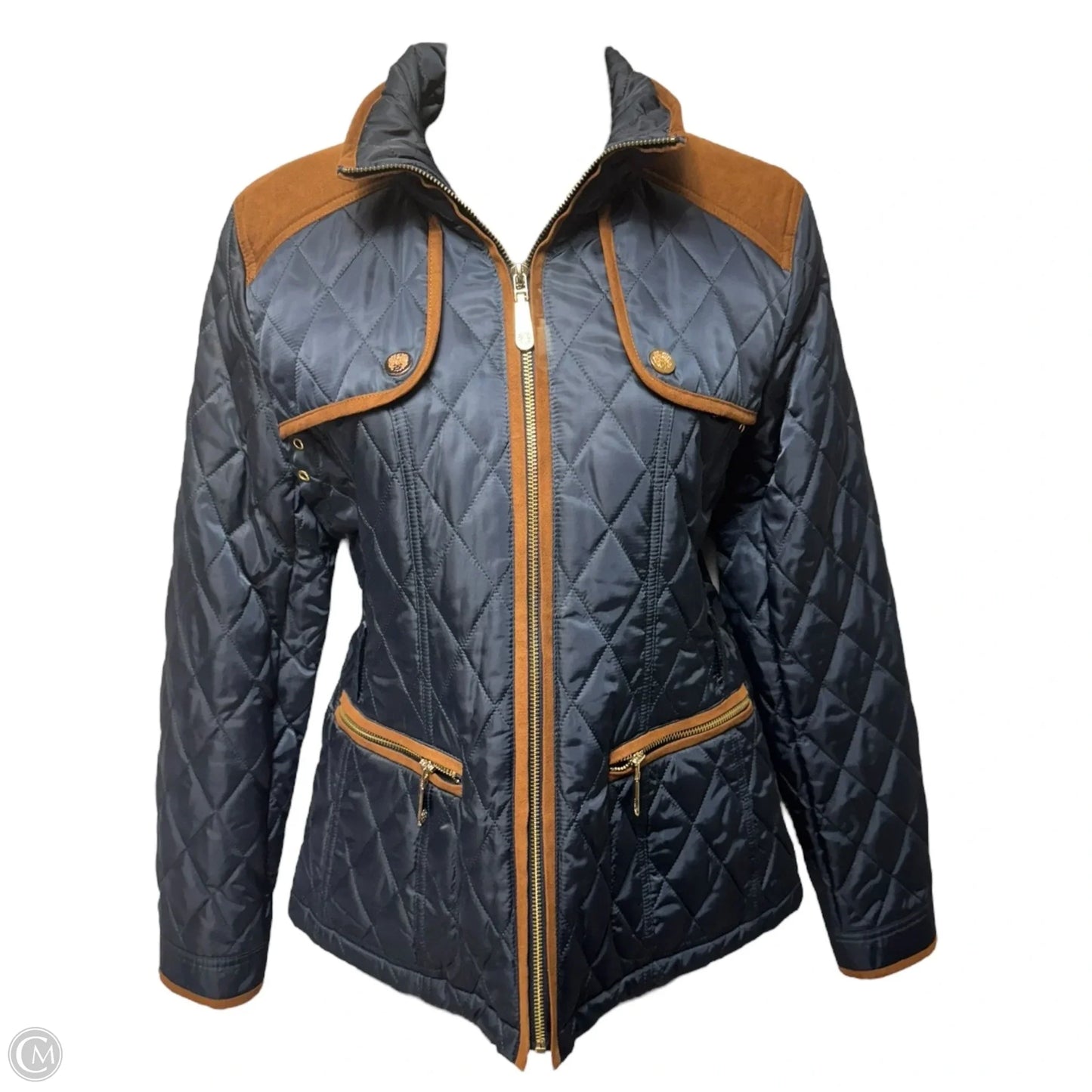 Faux Suede Trim Belted Quilted Jacket By Vince Camuto In Blue, Size: S