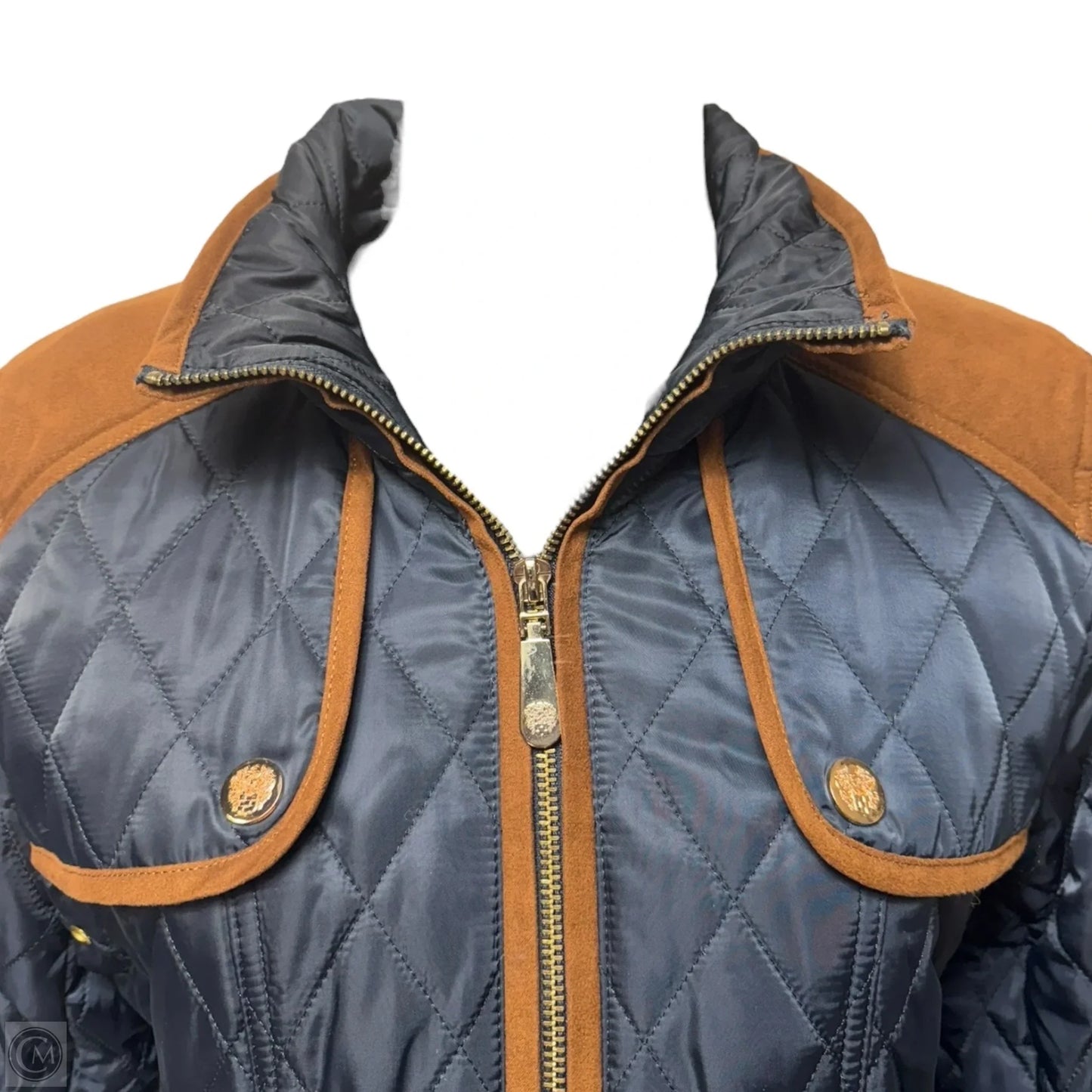 Faux Suede Trim Belted Quilted Jacket By Vince Camuto In Blue, Size: S