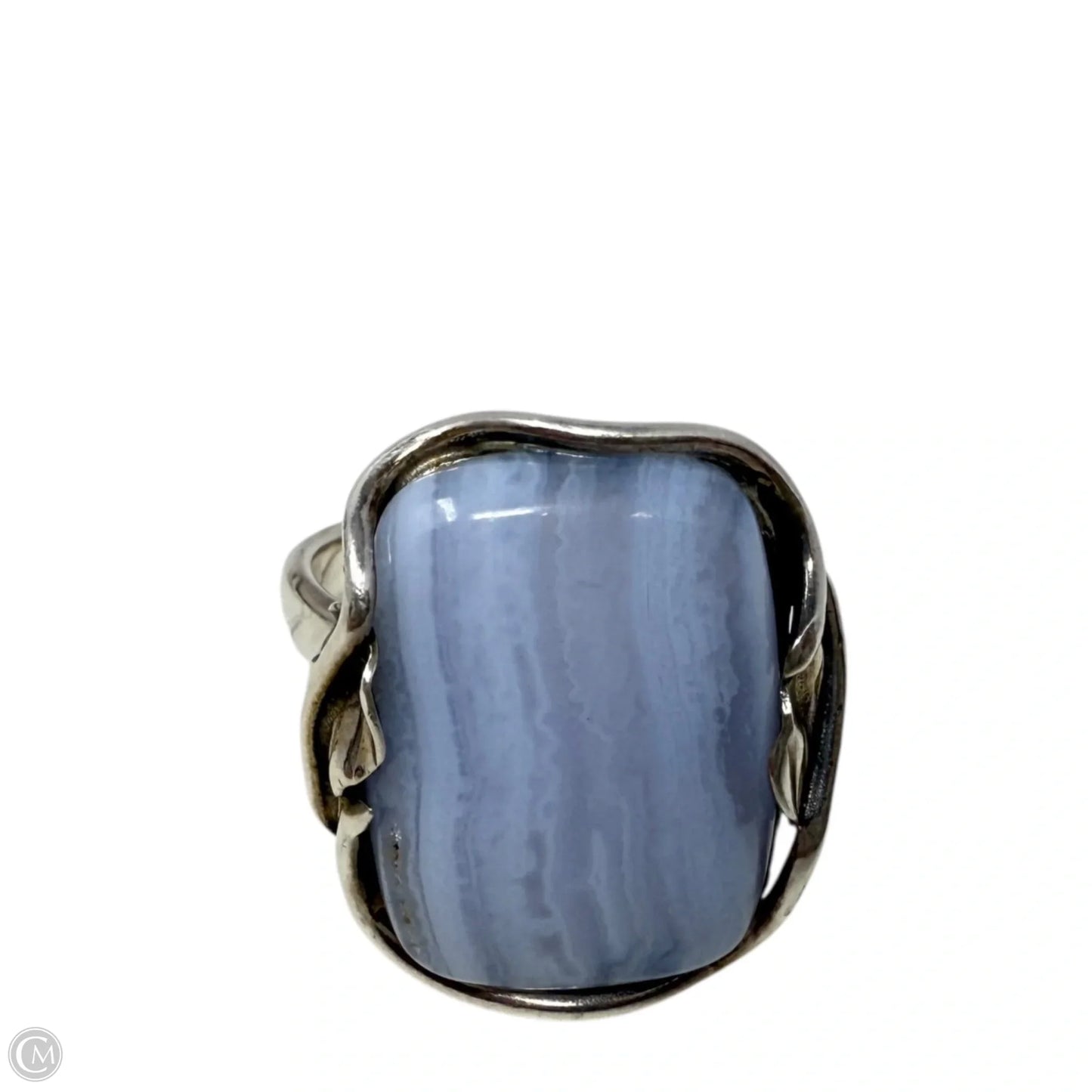 Sterling Silver & Blue Lace Agate Ring with Floral Detail, Size: 9