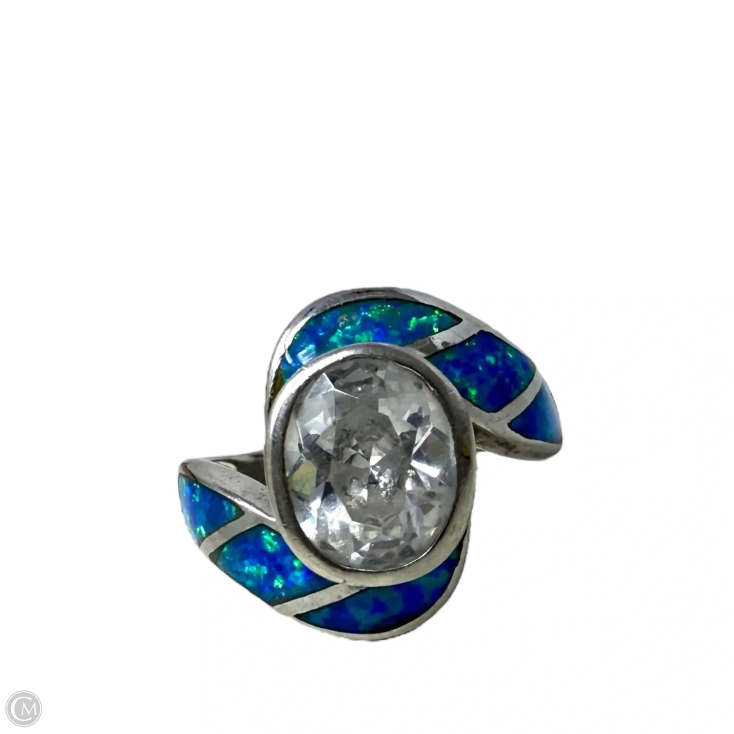 Sterling Silver, CZ & Fire Opal Inlay Ring, Size: 8