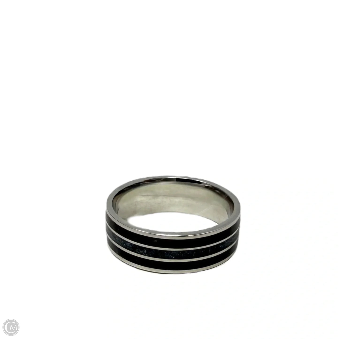 Crushed Black Quartz Triple Inlay Band Ring, Size: 12