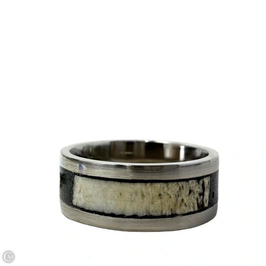 White Tail Antler & Black Quartz Inlay Band Ring, Size: 8