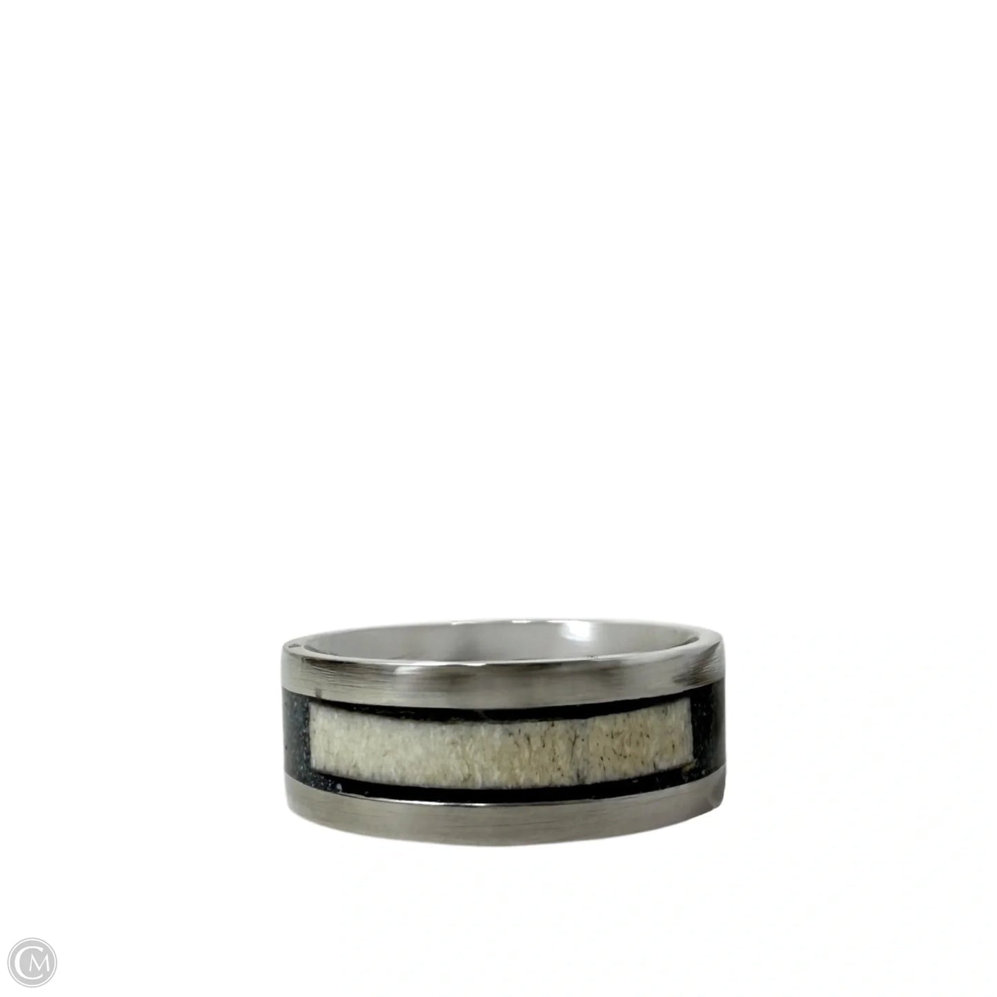 White Tail Antler & Black Quartz Inlay Band Ring, Size: 9