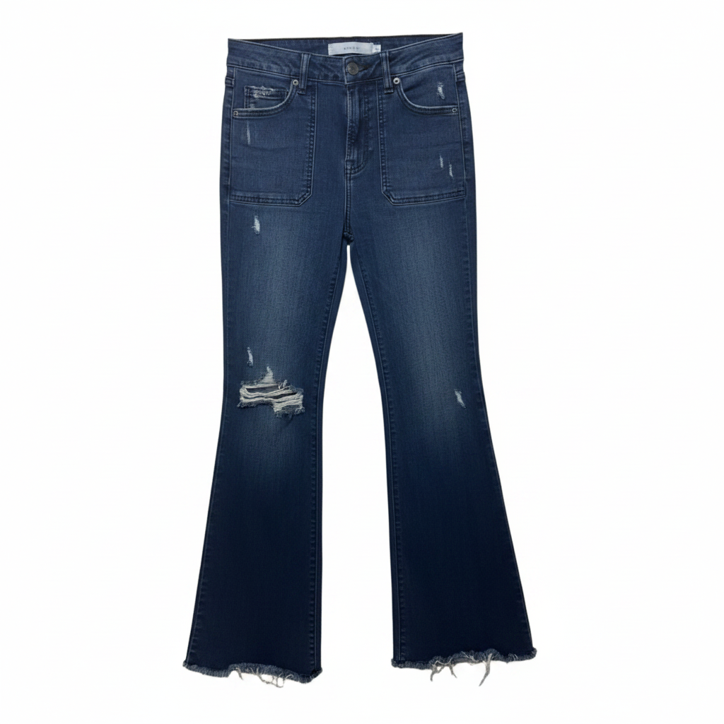 Happi Flare Distressed Jeans With Patch Pockets By Hidden In Blue Denim, Size: 6/28